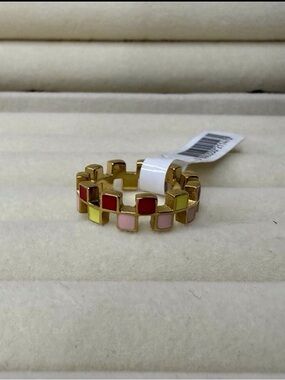 Gold-Tone Link Ring with Pink, Red & Yellow Enamel Squares
